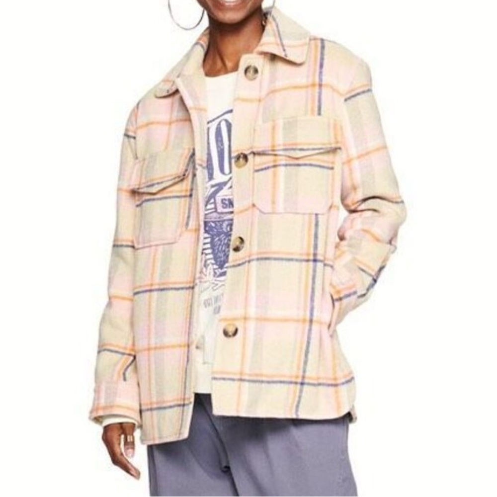 So Plaid Shacket XL Wool Blend Shirt Jacket in Rose Sand Comfy Warm